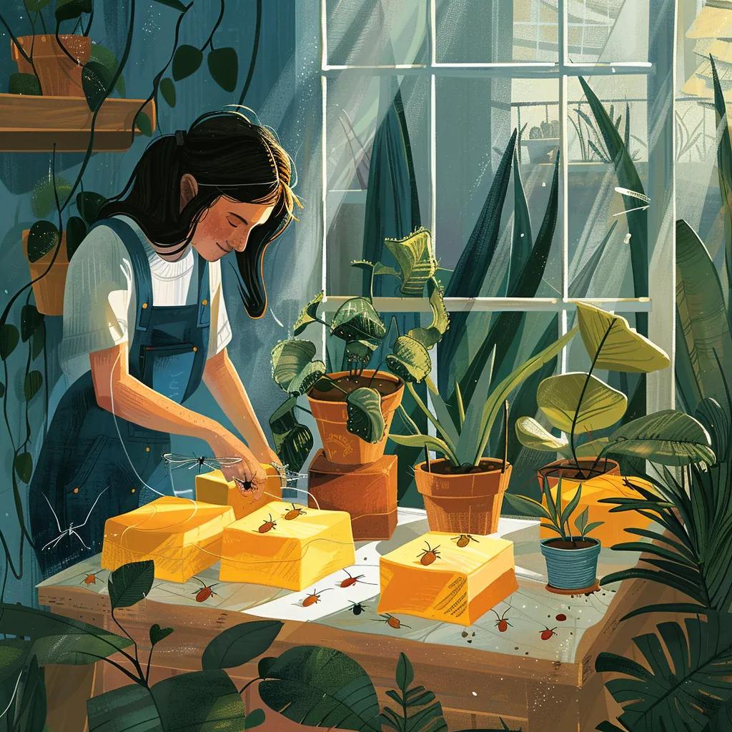 Gardener monitoring yellow traps for early pest detection in indoor plants