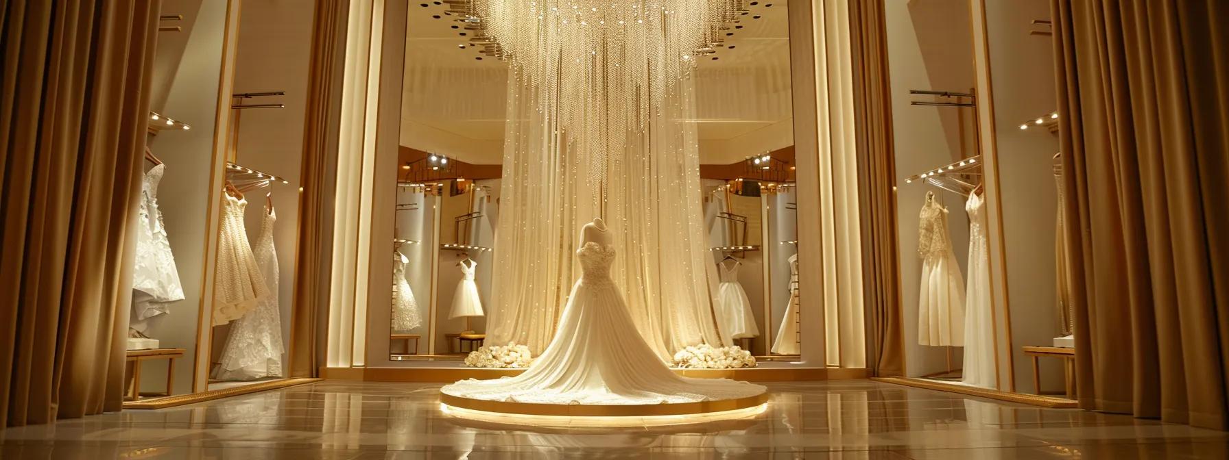 a glamorous bridal salon adorned with elegant wedding dresses on display, featuring a stunning custom plus size modest wedding dress highlighted in the center, showcasing intricate lace overlays, a tailored bodice, and refined details against a backdrop of soft, ambient lighting that creates a warm and inviting atmosphere. a glamorous bridal salon adorned with elegant wedding dresses on display, featuring a stunning custom plus size modest wedding dress highlighted in the center, showcasing intricate lace overlays, a tailored bodice, and refined details against a backdrop of soft, ambient lighting that creates a warm and inviting atmosphere.