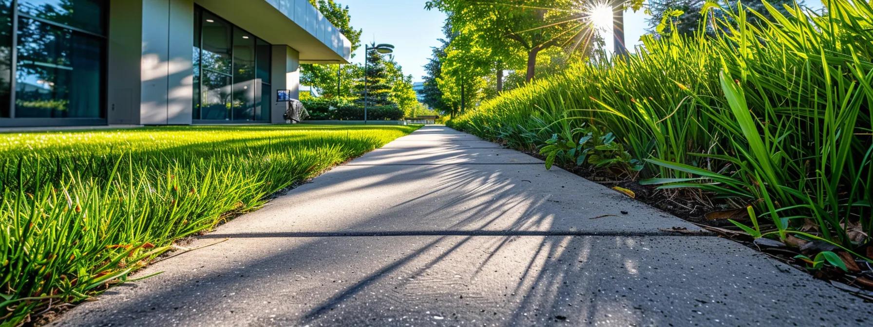 a gleaming, freshly cleaned concrete sidewalk glistens under the sun, surrounded by vibrant greenery that enhances the immaculate appearance of the commercial property. a gleaming, freshly cleaned concrete sidewalk glistens under the sun, surrounded by vibrant greenery that enhances the immaculate appearance of the commercial property.