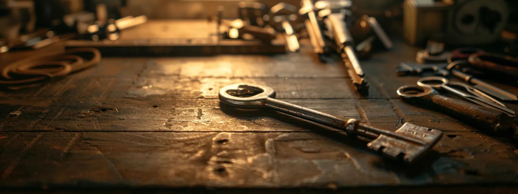 a gleaming master key resting on a polished wooden table, surrounded by neatly arranged lock maintenance tools, illuminated by soft, warm lighting that highlights the intricate details of the key and tools, conveying a sense of reliability and security. a gleaming master key resting on a polished wooden table, surrounded by neatly arranged lock maintenance tools, illuminated by soft, warm lighting that highlights the intricate details of the key and tools, conveying a sense of reliability and security.