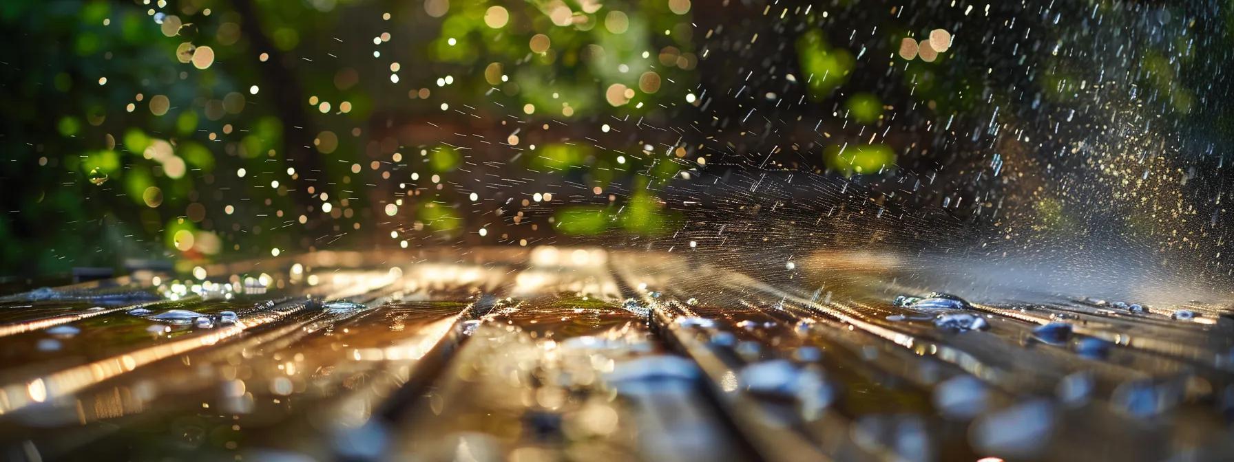 a gleaming pressure washer sprays a wave of crystal-clear water over a weathered wooden deck, revealing its vibrant, restored color against the backdrop of a sunlit garden. a gleaming pressure washer sprays a wave of crystal-clear water over a weathered wooden deck, revealing its vibrant, restored color against the backdrop of a sunlit garden.