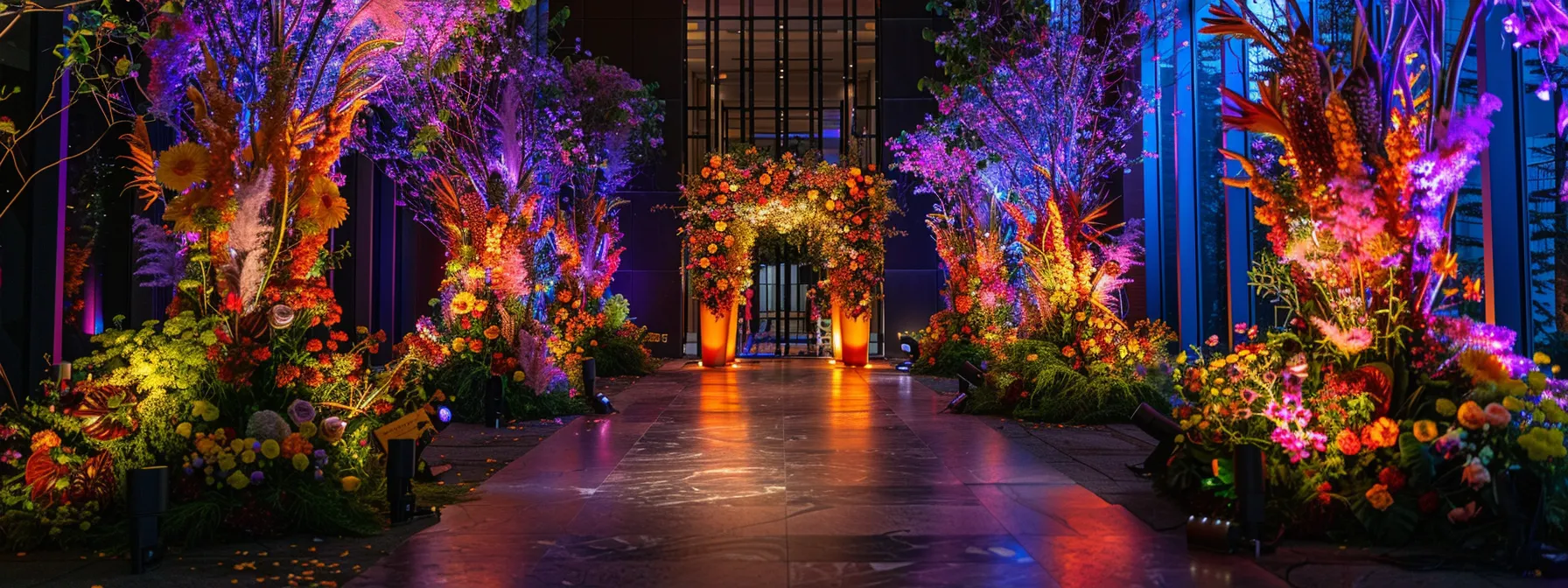 a grand entrance at a corporate gala, adorned with luxurious floral arrangements in vibrant hues, setting the stage for a memorable and elegant event. a grand entrance at a corporate gala, adorned with luxurious floral arrangements in vibrant hues, setting the stage for a memorable and elegant event.