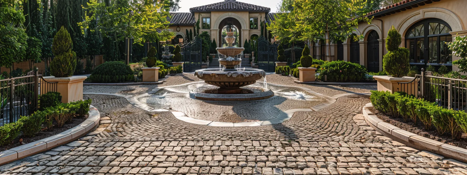 a grand stone driveway adorned with decorative borders and an elegant fountain, framed by walls and gates for a sophisticated and impressive entrance. a grand stone driveway adorned with decorative borders and an elegant fountain, framed by walls and gates for a sophisticated and impressive entrance.