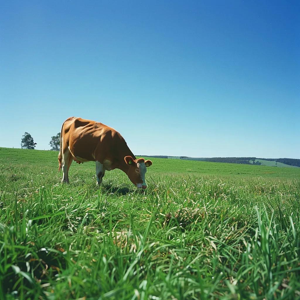 Grass-fed cow grazing in a lush green pasture under a clear blue sky