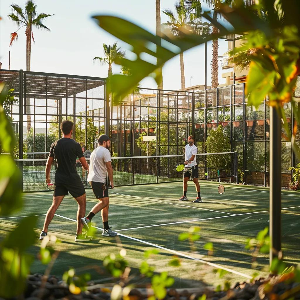 Group of beginners taking a padel lesson, emphasizing the supportive learning environment and social interaction