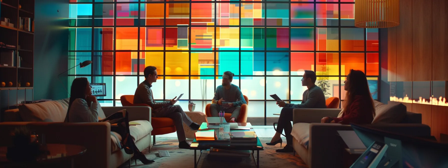 a group of branding experts brainstorming ideas in a modern office setting filled with colorful charts and graphs for a strategic branding plan. a group of branding experts brainstorming ideas in a modern office setting filled with colorful charts and graphs for a strategic branding plan.