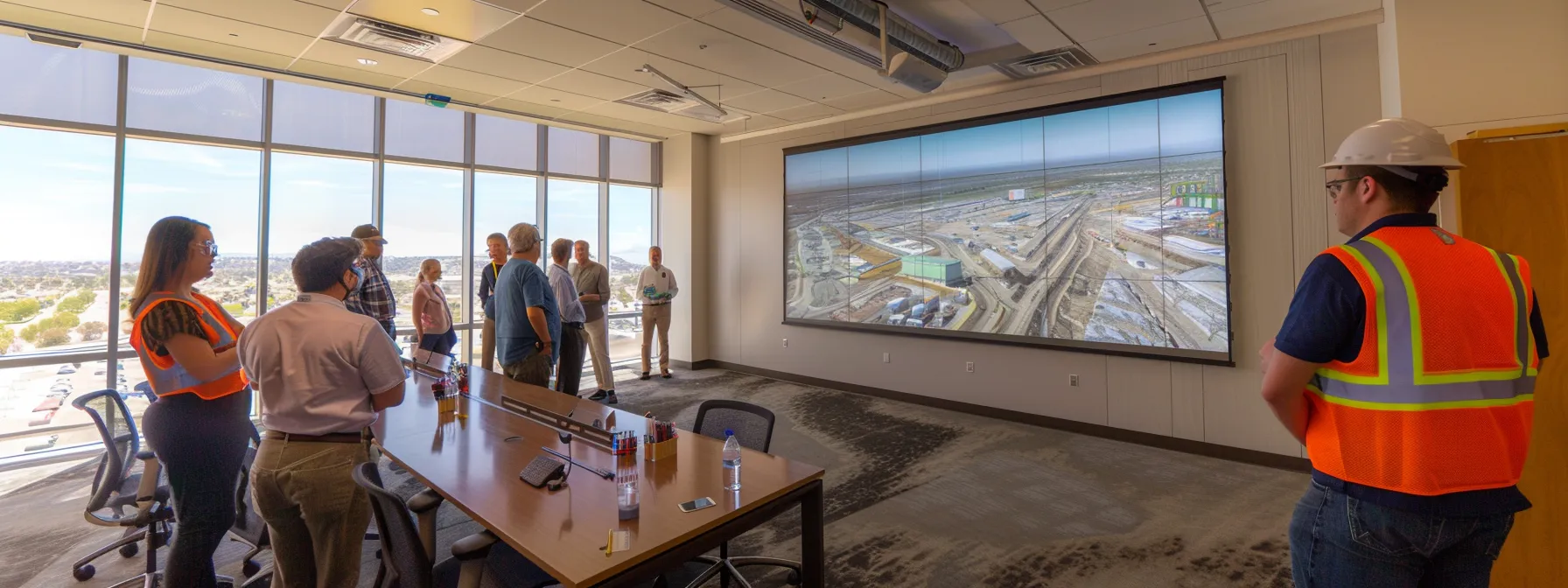 a group of construction and environmental experts discussing strategies and solutions in a modern office conference room. a group of construction and environmental experts discussing strategies and solutions in a modern office conference room.