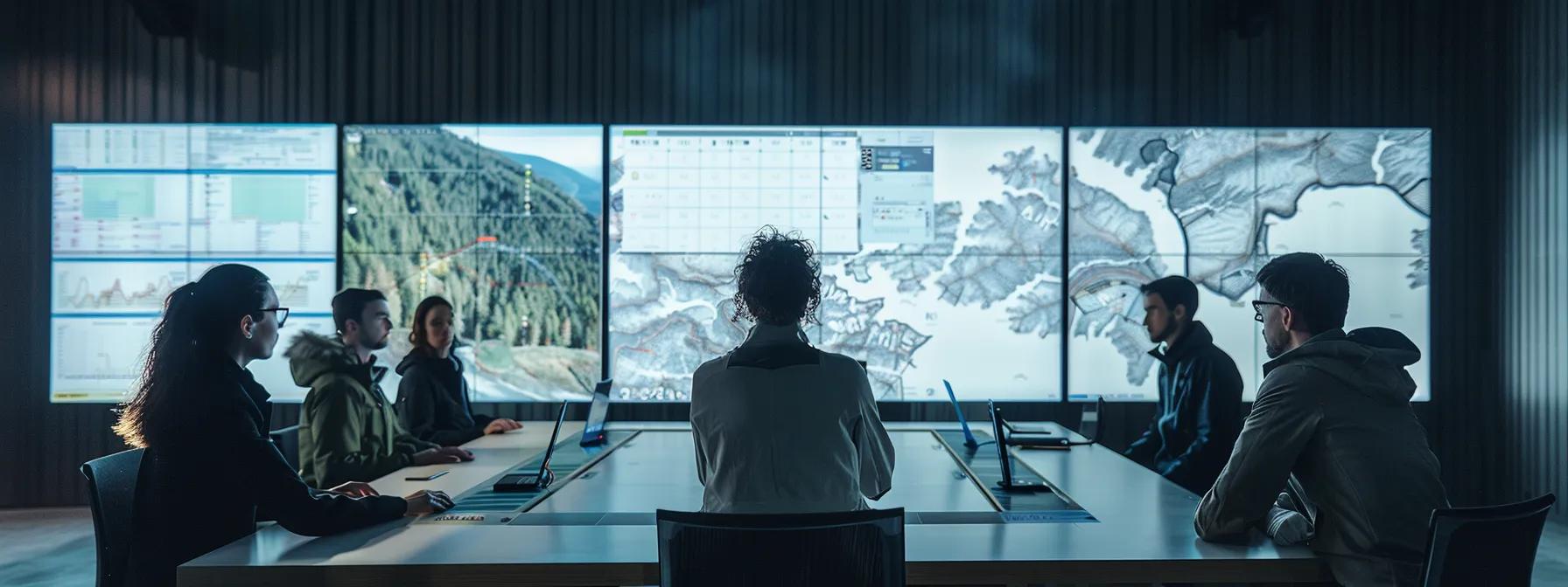 a group of determined rafters studies a large, detailed map displayed on a sleek conference table in a modern office, surrounded by screens showing historical flow rate data, emphasizing strategic planning for optimum river conditions.