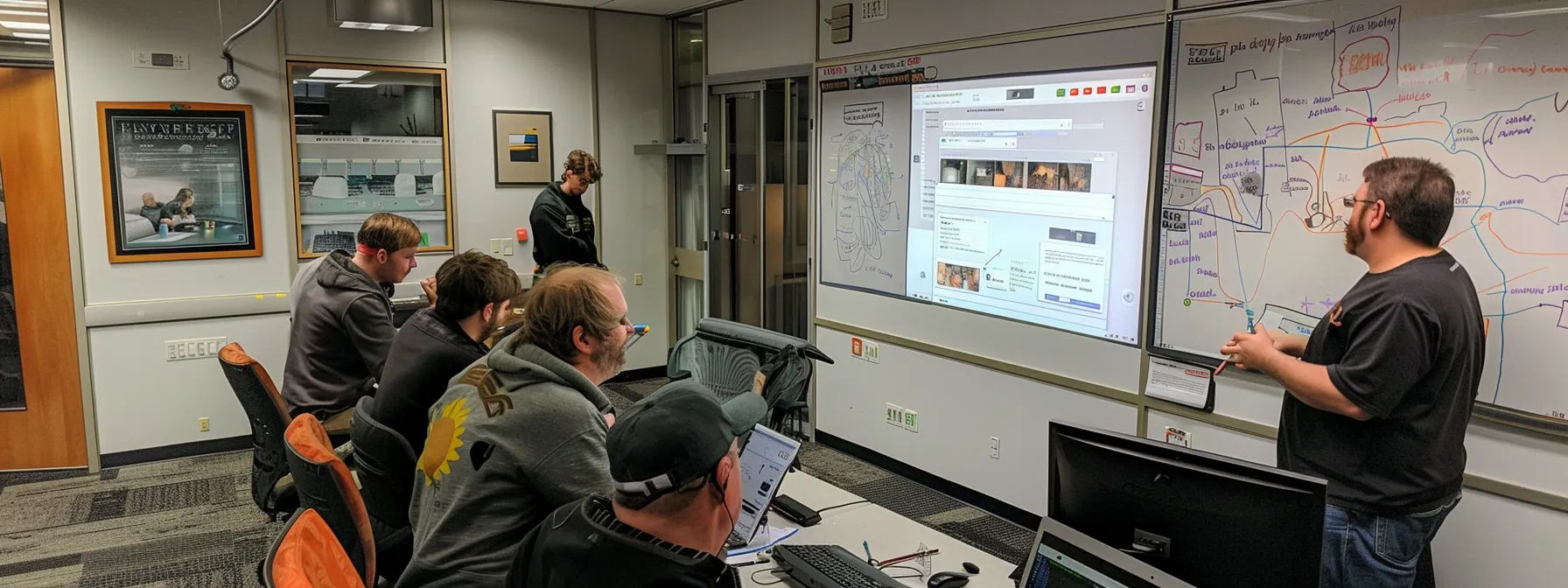 a group of developers in peoria collaboratively brainstorming and sketching out custom web designs on a whiteboard. a group of developers in peoria collaboratively brainstorming and sketching out custom web designs on a whiteboard.