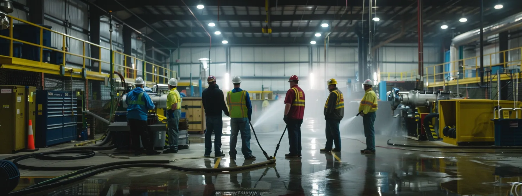 a group of employees in safety gear undergoing hands-on training with pressure washers, surrounded by safety signs and equipment, illustrating a commitment to osha compliance standards. a group of employees in safety gear undergoing hands-on training with pressure washers, surrounded by safety signs and equipment, illustrating a commitment to osha compliance standards.
