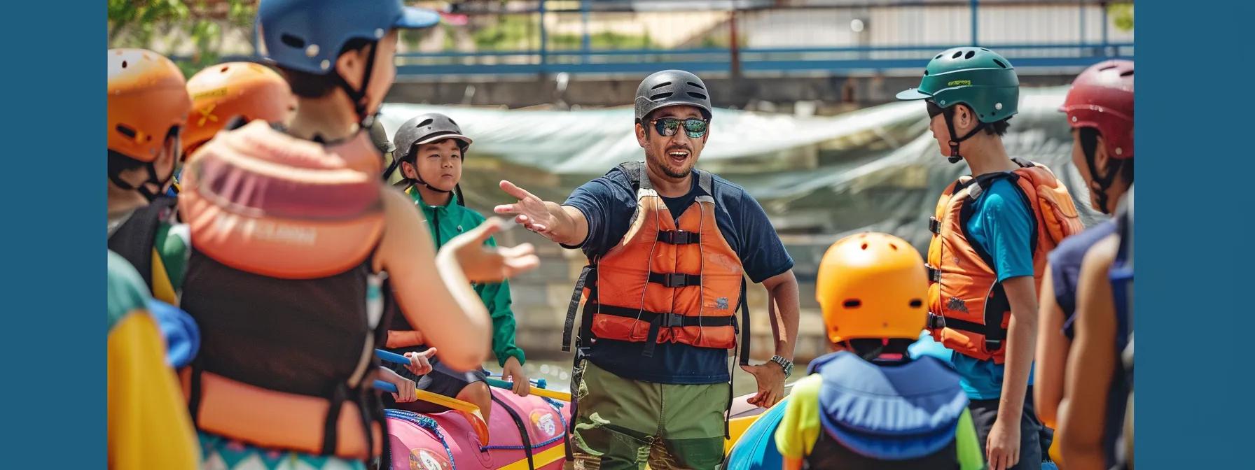 a group of enthusiastic families gathers around a knowledgeable guide in a vibrant outdoor rafting center, attentively listening as he demonstrates paddle commands and safety protocols, with colorful rafts and protective gear prominently displayed against a lively urban backdrop.