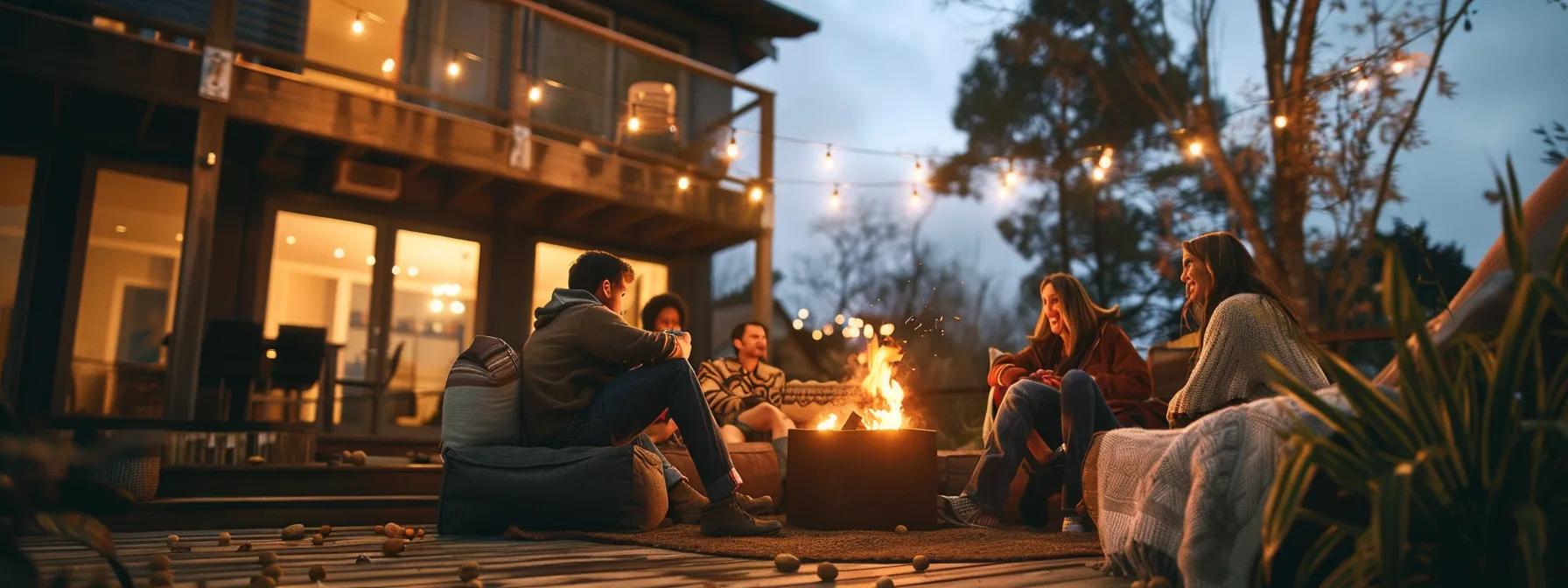 a group of friends gathered around a beautifully designed fire pit, surrounded by plush outdoor furniture and cozy blankets, with string lights casting a warm glow. a group of friends gathered around a beautifully designed fire pit, surrounded by plush outdoor furniture and cozy blankets, with string lights casting a warm glow.