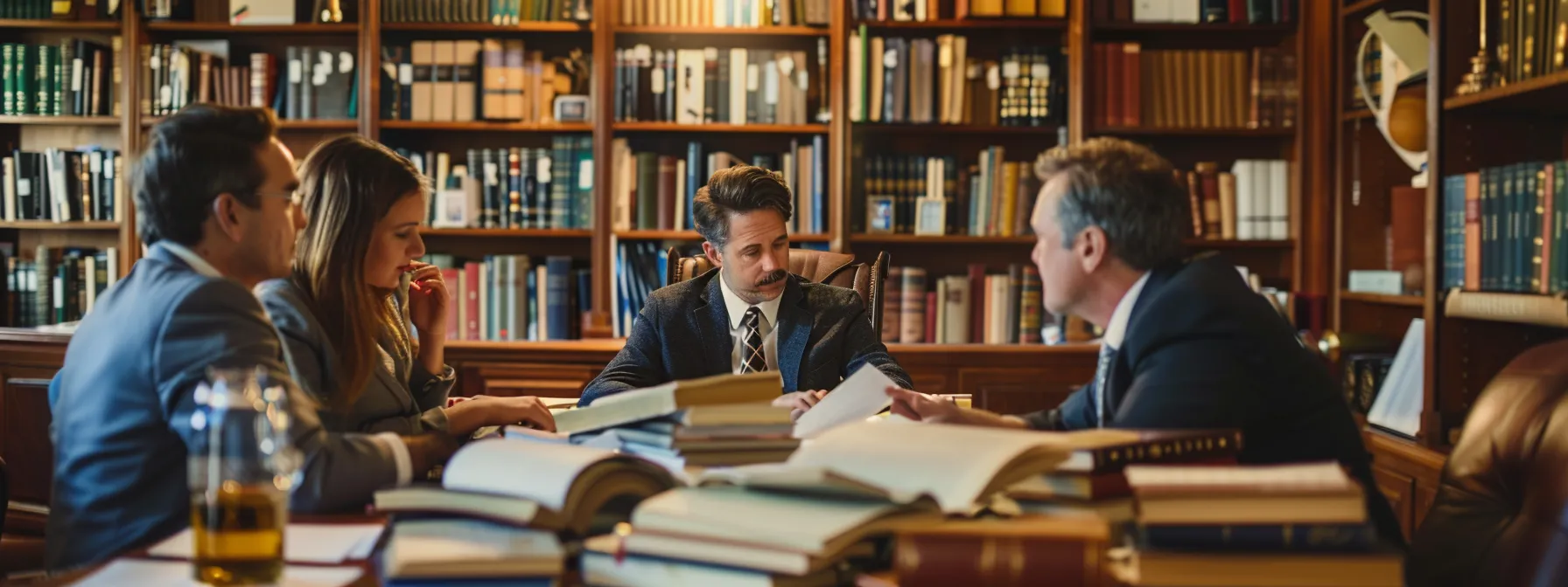 a group of local attorneys in a cozy office, surrounded by stacks of legal books and papers, discussing various legal specialties and fee structures with clients. a group of local attorneys in a cozy office, surrounded by stacks of legal books and papers, discussing various legal specialties and fee structures with clients.