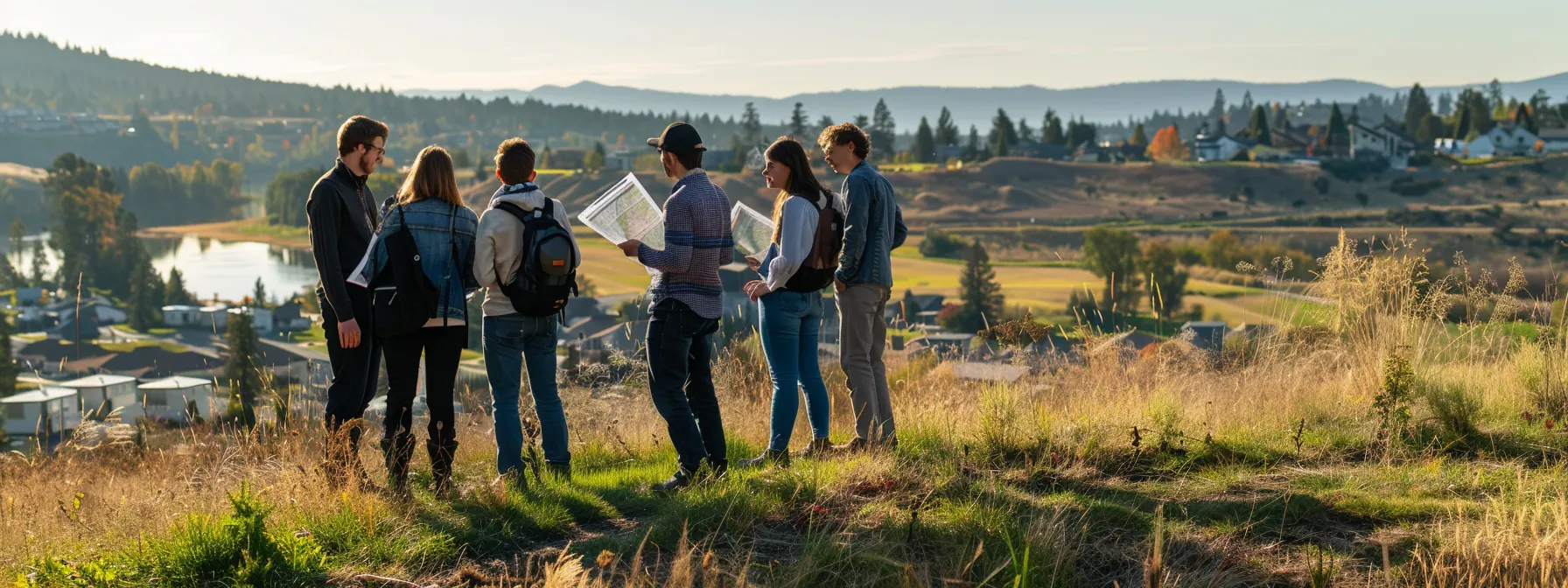 a group of potential homebuyers standing on a hill, overlooking lake country's vibrant emerging neighborhoods, with a map and research papers in their hands. a group of potential homebuyers standing on a hill, overlooking lake country's vibrant emerging neighborhoods, with a map and research papers in their hands.