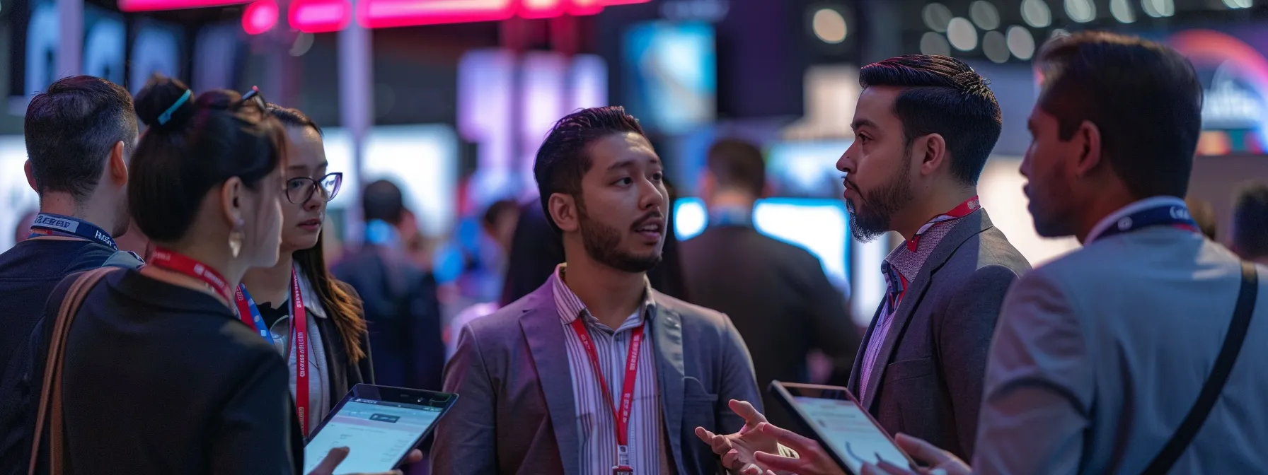 a group of professionals engaging in lively conversations and exchanging business cards at a bustling industry conference, surrounded by booths and displays showcasing the latest in demolition technology. a group of professionals engaging in lively conversations and exchanging business cards at a bustling industry conference, surrounded by booths and displays showcasing the latest in demolition technology.