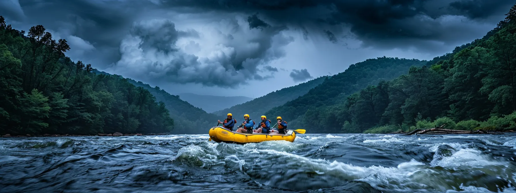 a group of rafters navigating turbulent waters on the ocoee river under a dark, stormy sky, highlighting the impact of weather on their adventurous journey. a group of rafters navigating turbulent waters on the ocoee river under a dark, stormy sky, highlighting the impact of weather on their adventurous journey.