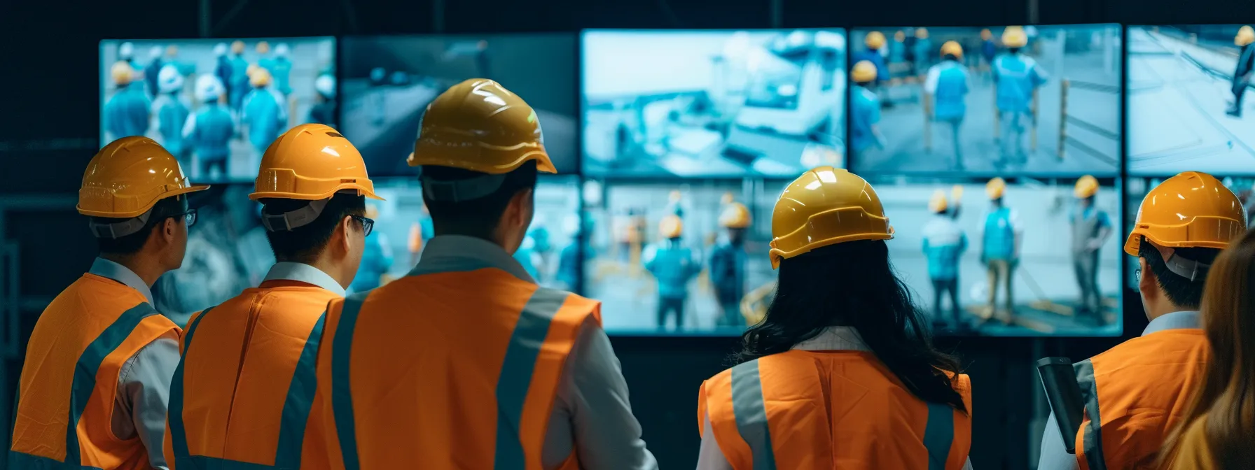 a group of workers attentively reviewing osha regulations on a large digital screen during a safety briefing. a group of workers attentively reviewing osha regulations on a large digital screen during a safety briefing.