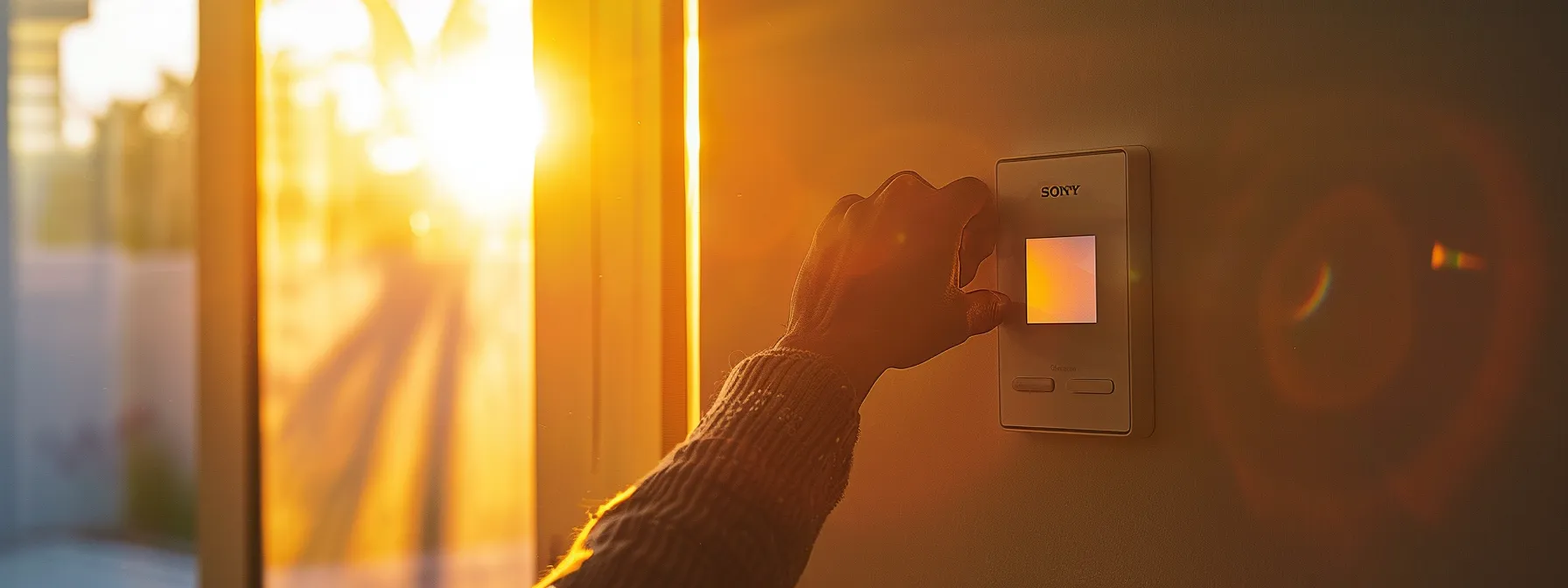 a hand adjusting a sleek, modern thermostat on a clean wall, with sunlight streaming through a nearby window. a hand adjusting a sleek, modern thermostat on a clean wall, with sunlight streaming through a nearby window.