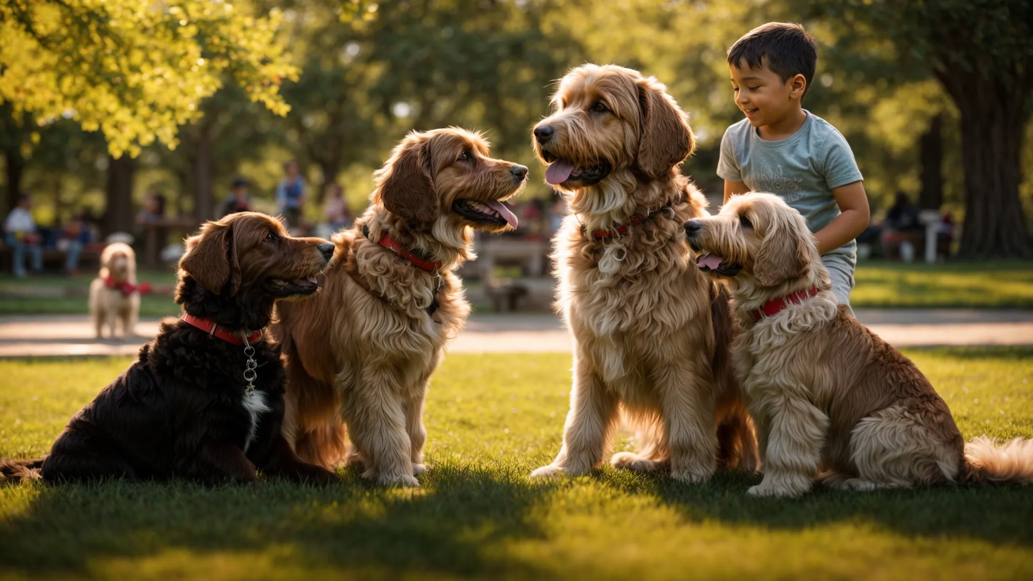 a heartwarming scene captures a group of joyful therapy dogs, including fluffy goldendoodles and friendly labrador retrievers, playfully engaging with children in a sunlit park, showcasing their trained adaptability and comforting presence.