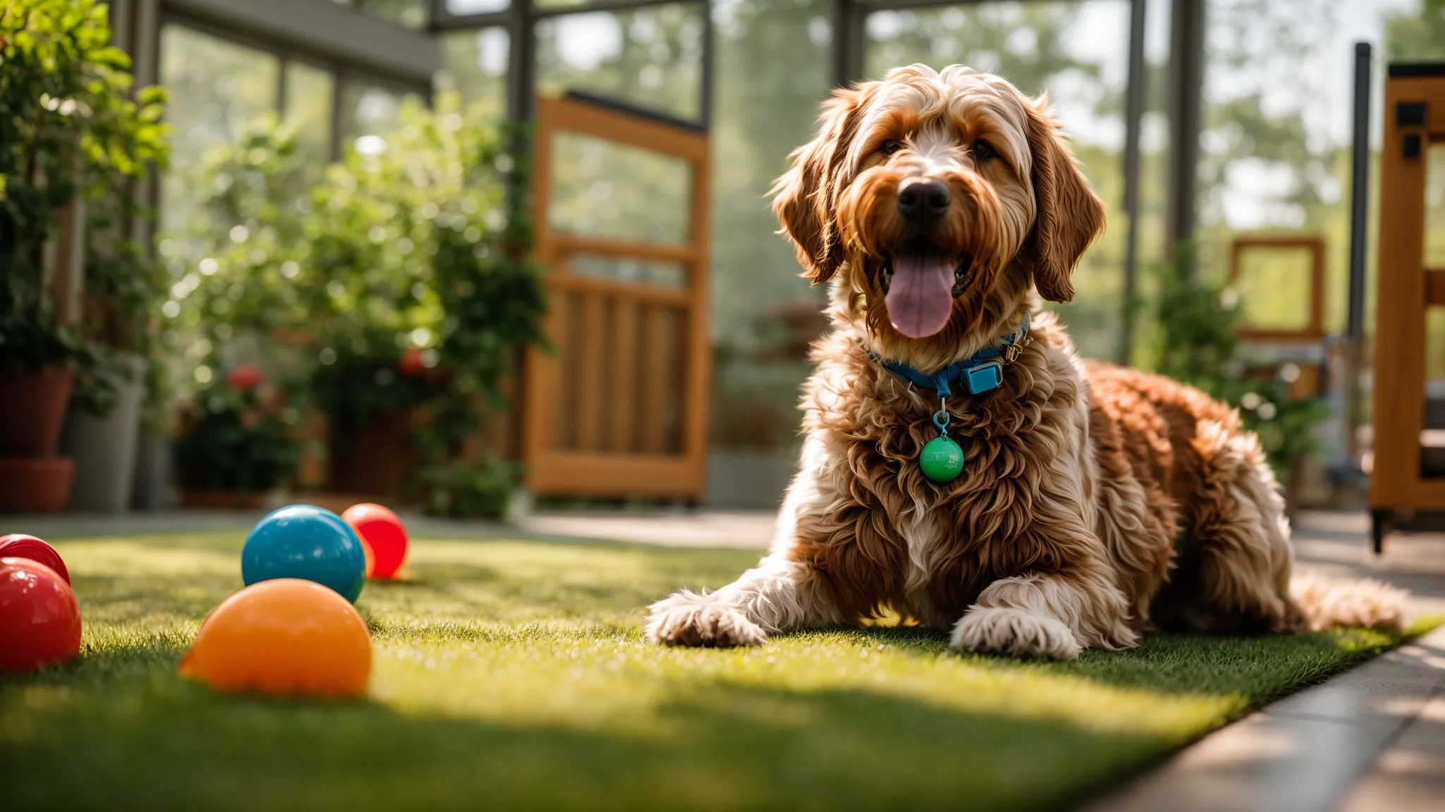 a heartwarming scene captures a playful goldendoodle frolicking joyfully in a sunlit, meticulously maintained boarding facility, surrounded by vibrant toys and lush greenery, embodying the essence of professional pet care.