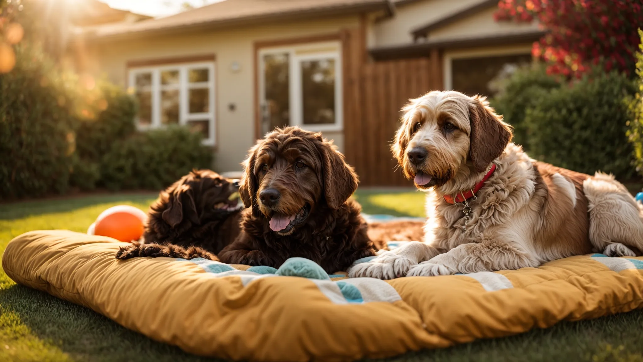 a heartwarming scene of a playful goldendoodle and a gentle labrador retriever, basking in the golden sunlight of a backyard, surrounded by familiar toys and a cozy dog bed, evoking a sense of comfort and routine as they prepare for boarding.