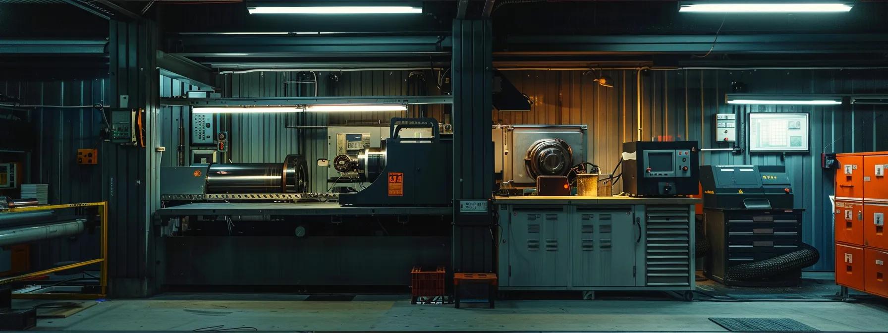 a high-tech machining workshop featuring precision cnc machines processing various metallic materials like aluminum, steel, and titanium, illuminated by focused overhead lighting that highlights the gleaming surfaces and intricate details of the components being crafted.