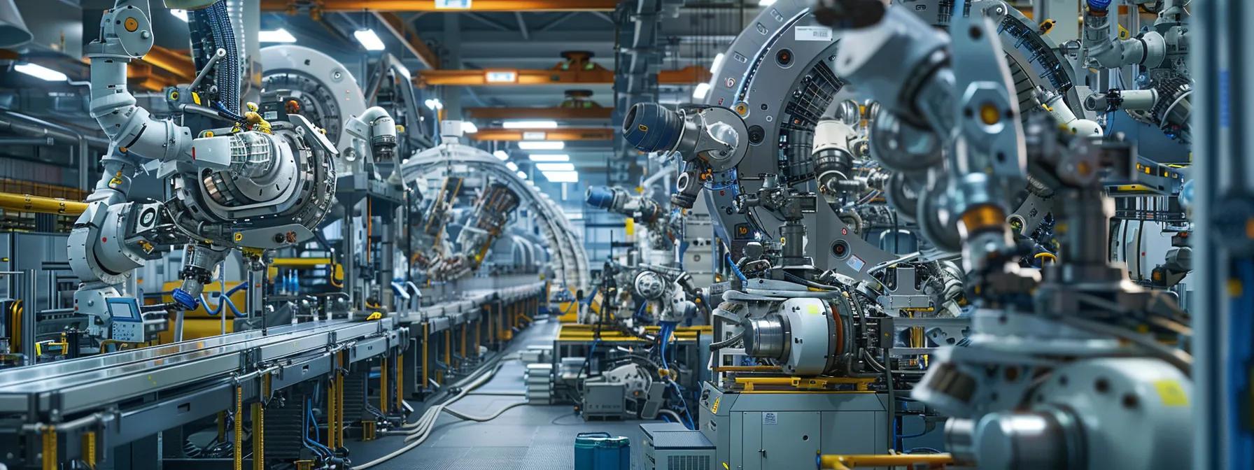 a high-tech manufacturing facility featuring precision metal parts being produced, with intricate machinery and engineers analyzing complex designs amidst a backdrop of detailed assembly lines and dynamic assembly robots.