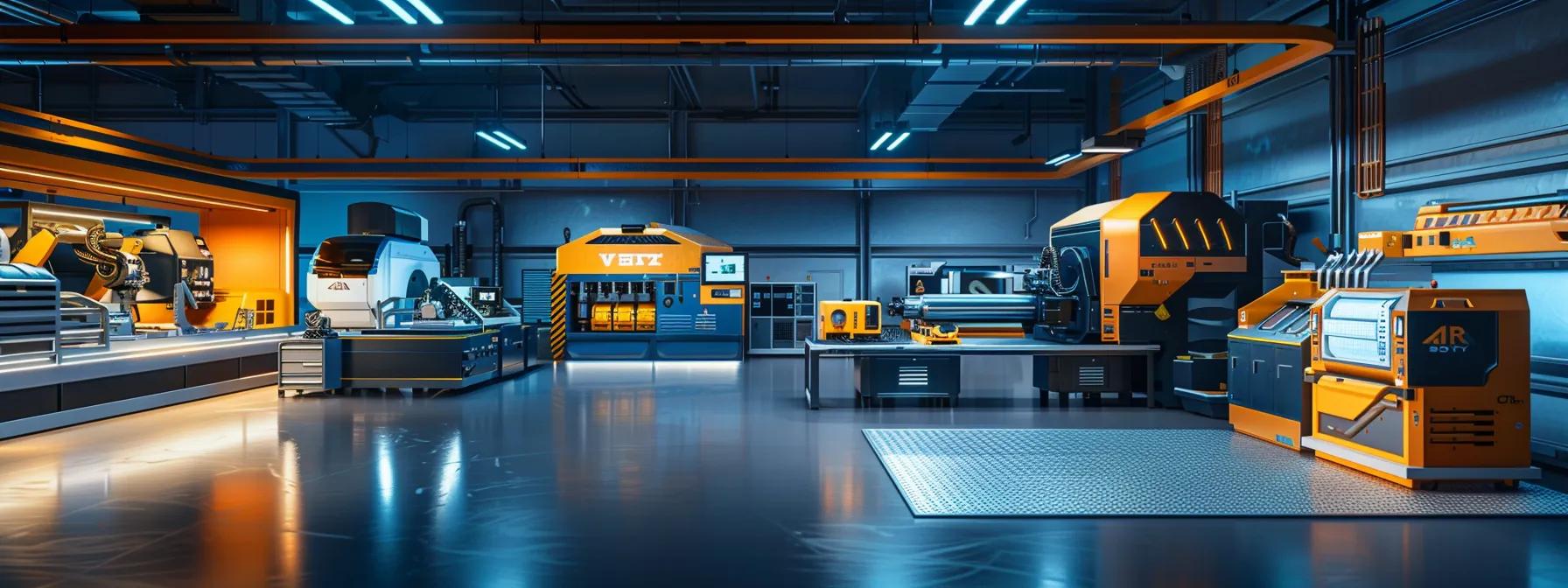 a high-tech workshop showcases a cnc machine, laser cutter, waterjet, and plasma cutter, each expertly positioned against a backdrop of metallic components and precision tools, illuminated by sleek industrial lighting that emphasizes the cutting-edge technology used for various metal projects.