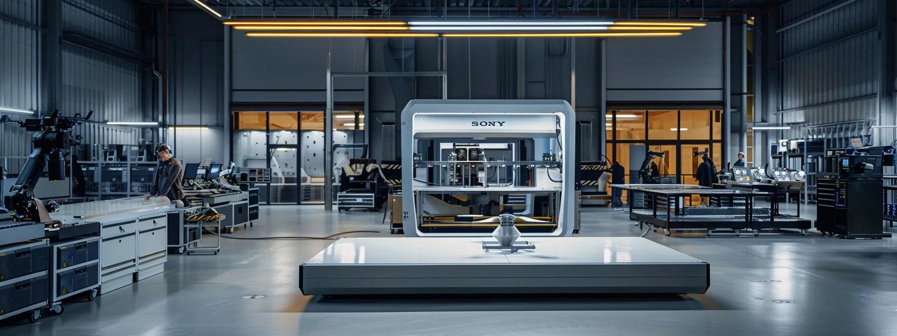 a high-tech aerospace manufacturing facility showcases a large, precision 3d printing machine producing intricate, metallic drone components, illuminated by bright industrial lighting, with engineers monitoring the process on sleek digital screens.