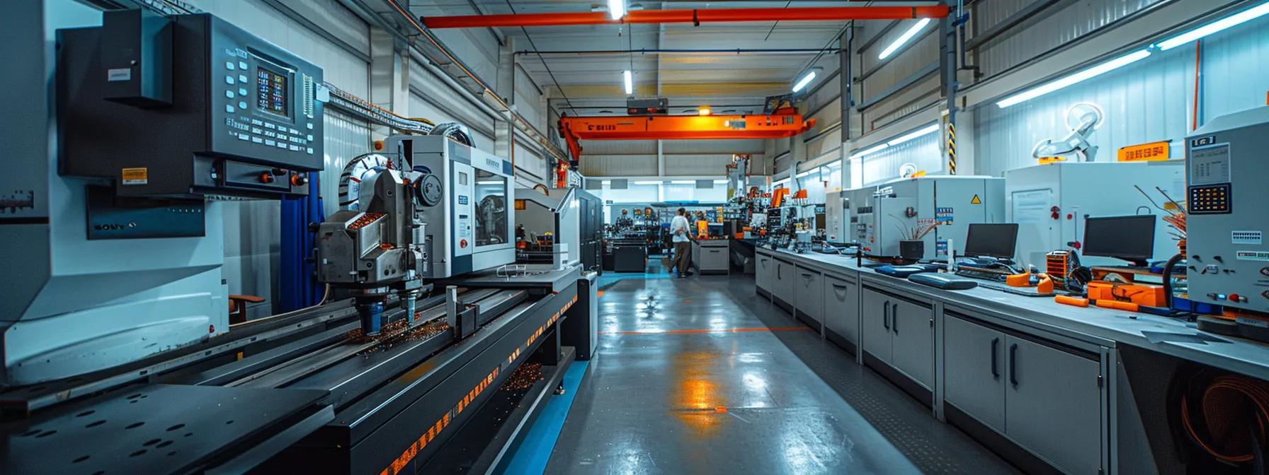 a high-tech cnc machining workshop bathed in artificial light, showcasing precision machinery engaged in milling, turning, and drilling operations, with expertly crafted metal parts displayed prominently on the workbench.
