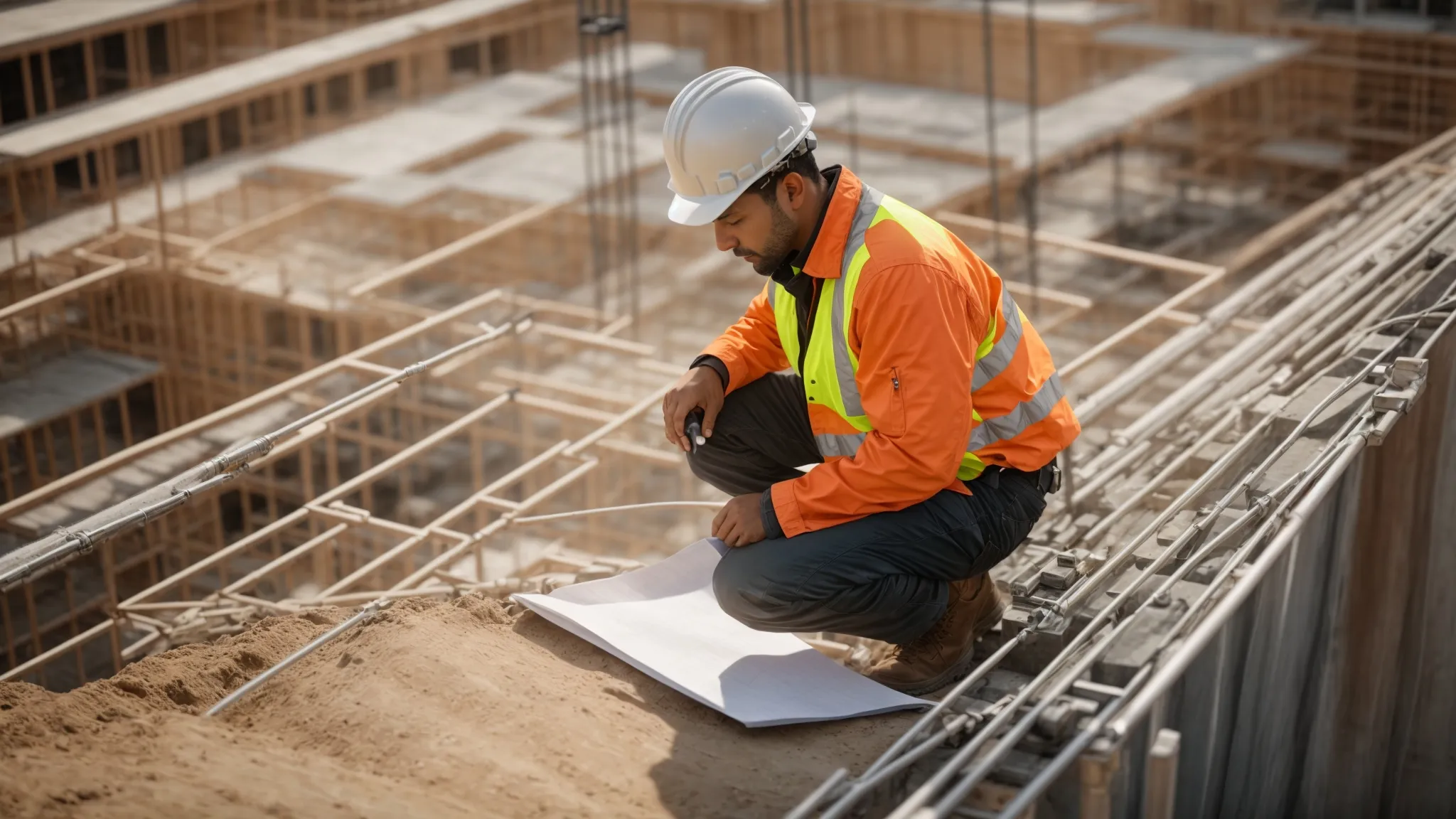 a high-angle view of a skilled inspector meticulously examining construction plans on a bustling job site, surrounded by scaffolding and ongoing work, under bright natural lighting that emphasizes the commitment to quality and safety in general contractor services. a high-angle view of a skilled inspector meticulously examining construction plans on a bustling job site, surrounded by scaffolding and ongoing work, under bright natural lighting that emphasizes the commitment to quality and safety in general contractor services.