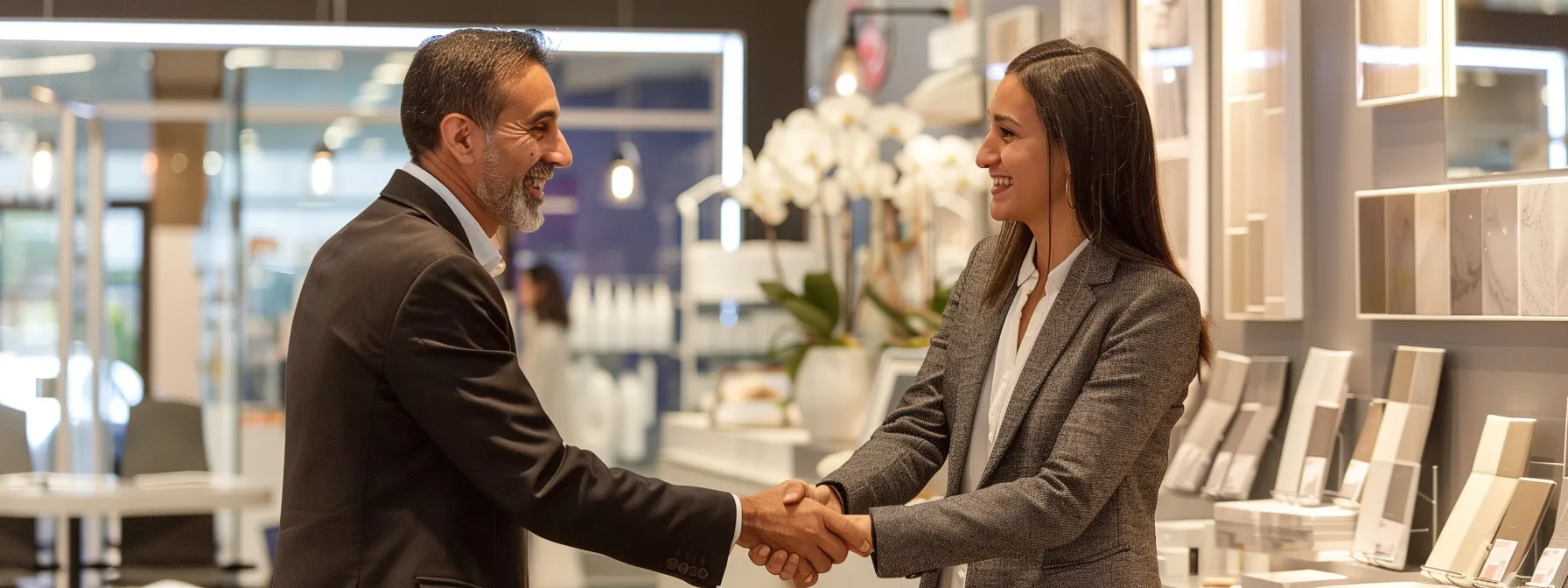a homeowner confidently shaking hands with a professional bathroom remodeling expert in a well-lit, modern bathroom showroom, surrounded by samples of tiles, fixtures, and design inspirations. a homeowner confidently shaking hands with a professional bathroom remodeling expert in a well-lit, modern bathroom showroom, surrounded by samples of tiles, fixtures, and design inspirations.