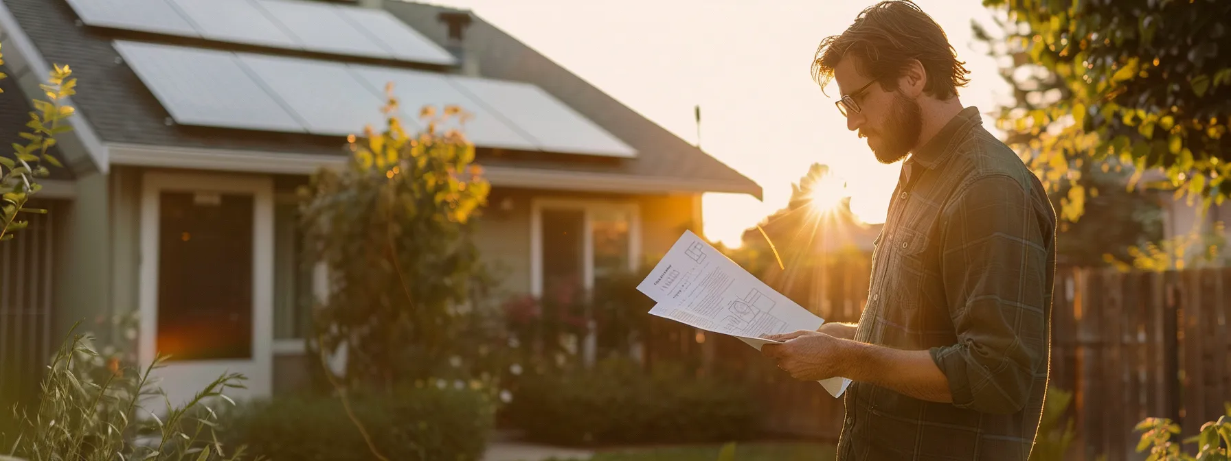 a homeowner examining a detailed warranty document next to a shining solar panel system in a sun-drenched backyard. a homeowner examining a detailed warranty document next to a shining solar panel system in a sun-drenched backyard.
