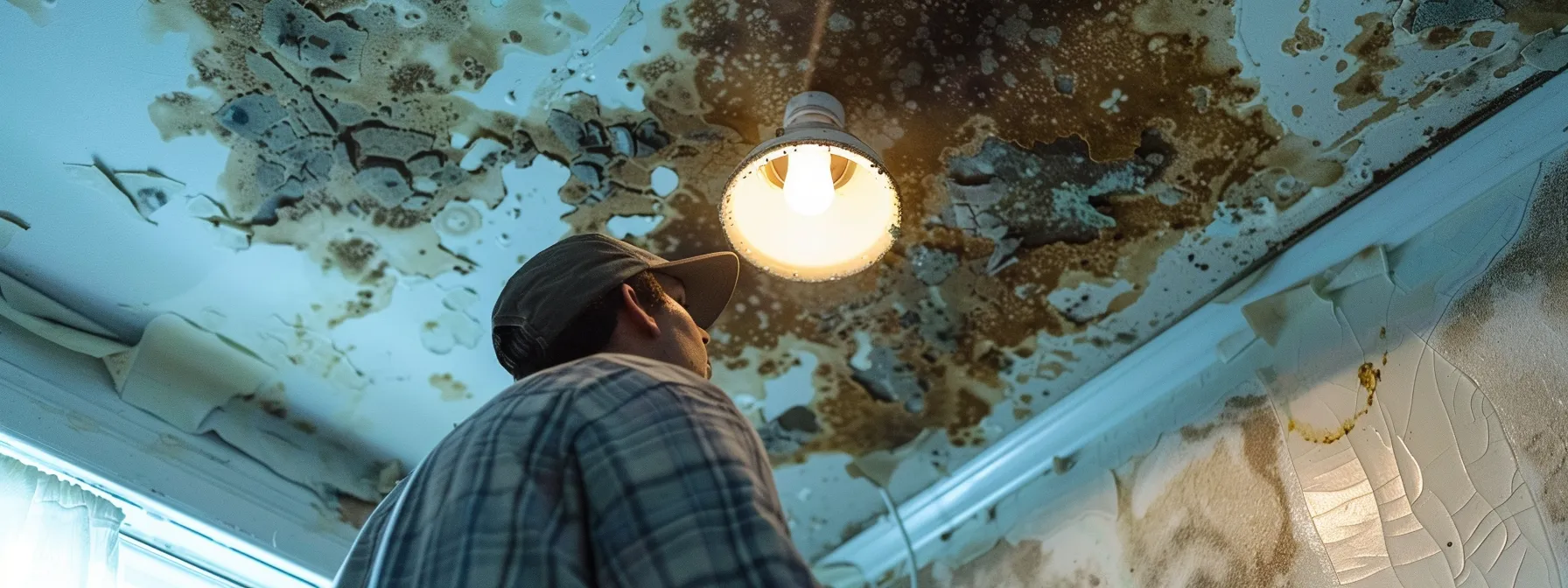 a homeowner examining water stains on the ceiling, peeling paint, and mold growth as indicators of potential roof leaks. a homeowner examining water stains on the ceiling, peeling paint, and mold growth as indicators of potential roof leaks.