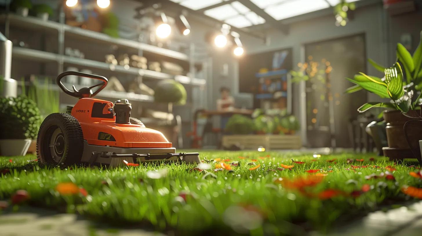 a hyper-realistic indoor workshop setting features a focused individual expertly using a modern aerator and overseeder to demonstrate effective lawn maintenance techniques, illuminated by bright overhead lights.
