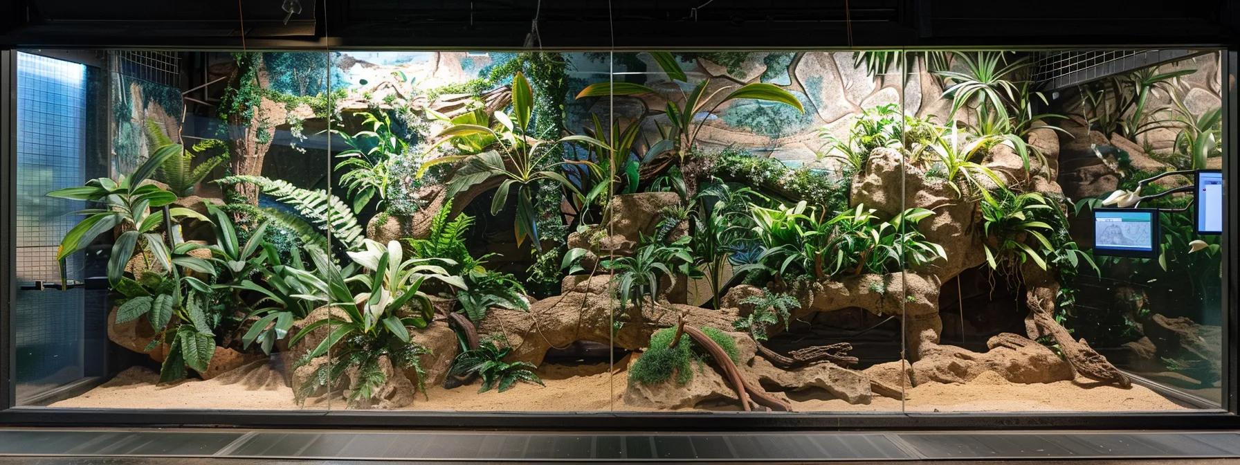 Reptile habitat with temperature gradients, humidity gauges, and natural substrate for well-being. Reptile habitat with temperature gradients, humidity gauges, and natural substrate for well-being.