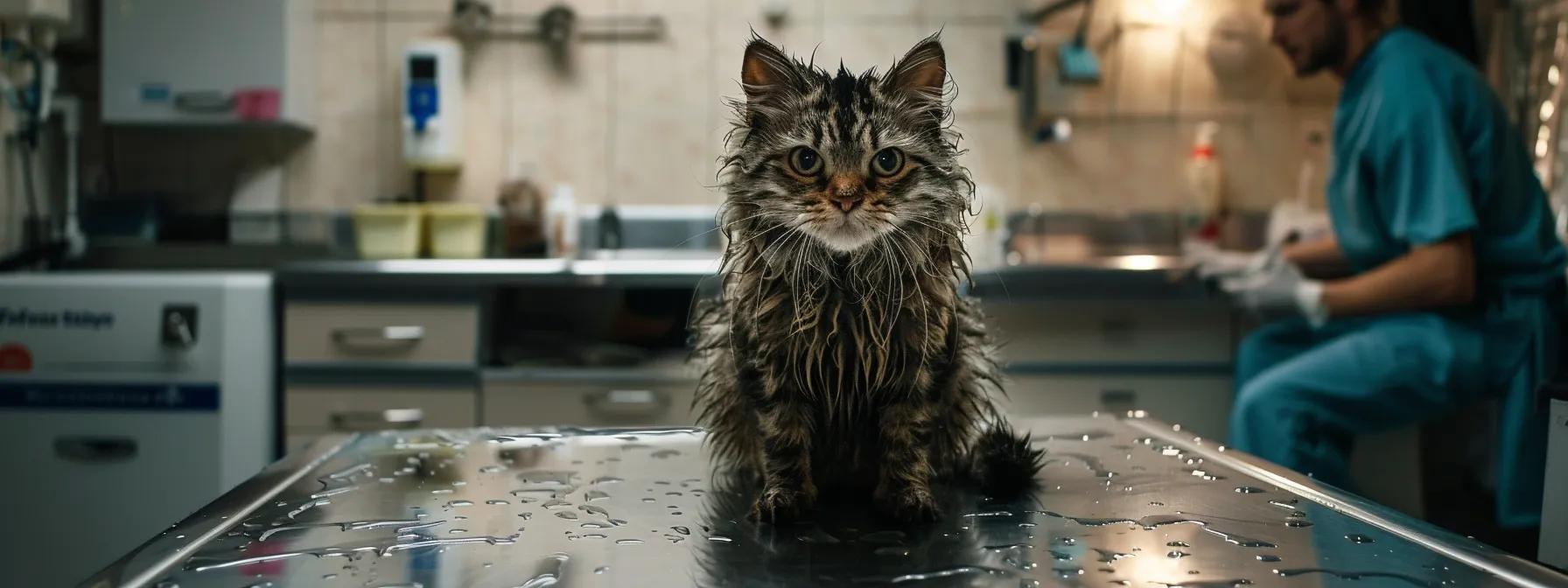 Cat displaying behaviors after getting wet, illustrating stress and discomfort signals. Cat displaying behaviors after getting wet, illustrating stress and discomfort signals.