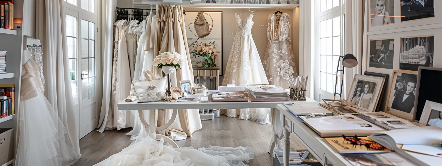 in a chic, modern bridal studio adorned with elegant fabrics and bridal magazines, a bride enthusiastically curates a vision board filled with inspirational dress photos and accessories, embodying the essence of her dream bridal look. in a chic, modern bridal studio adorned with elegant fabrics and bridal magazines, a bride enthusiastically curates a vision board filled with inspirational dress photos and accessories, embodying the essence of her dream bridal look.