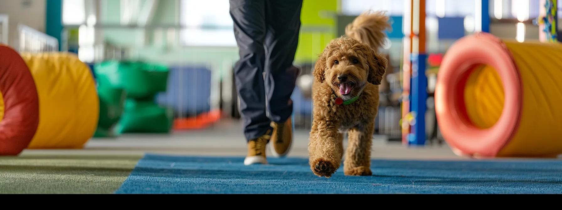 in a modern indoor training facility, a focused trainer guides a playful goldendoodle through a structured obedience course, employing positive reinforcement techniques amidst a backdrop of colorful agility equipment.