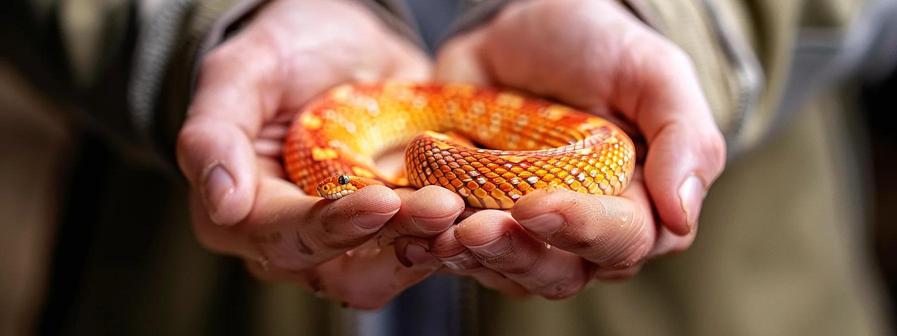 in a modern, professional setting, a knowledgeable pet specialist demonstrates the careful and supportive technique of holding a vibrant corn snake, emphasizing stability and gentle handling amidst an atmosphere of calm and education. in a modern, professional setting, a knowledgeable pet specialist demonstrates the careful and supportive technique of holding a vibrant corn snake, emphasizing stability and gentle handling amidst an atmosphere of calm and education.