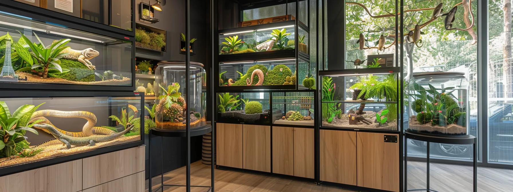 Lizard enclosure options: glass, PVC, and wood terrariums with decorative foliage. Lizard enclosure options: glass, PVC, and wood terrariums with decorative foliage.