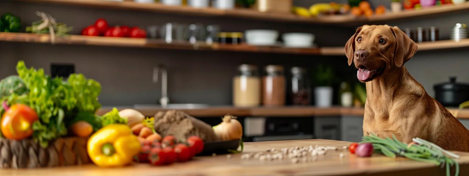 Dog surrounded by fresh natural ingredients showcasing benefits for overall health.