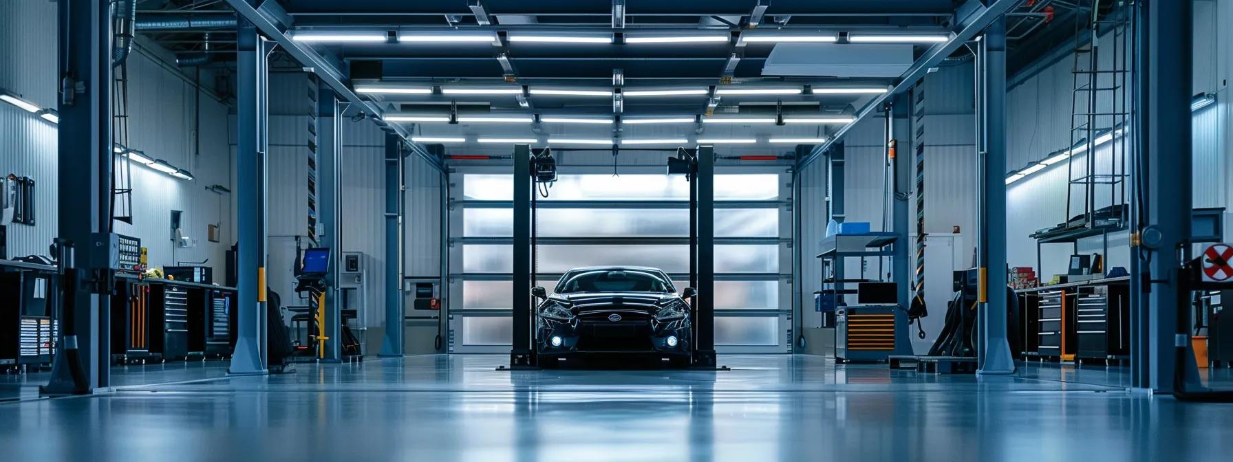 Top Factors to Consider When Buying a Four-Post Car Lift in a professional garage illuminated by bright overhead lights, a robust four-post automotive lift stands prominently, showcasing its precision-engineered steel structure and well-maintained hydraulic systems, exemplifying the critical importance of rigorous maintenance in prolonging operational lifespan and reliability.