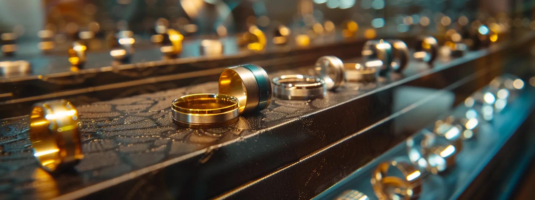 Men's wide band wedding rings made from various materials displayed for selection. Men's wide band wedding rings made from various materials displayed for selection.