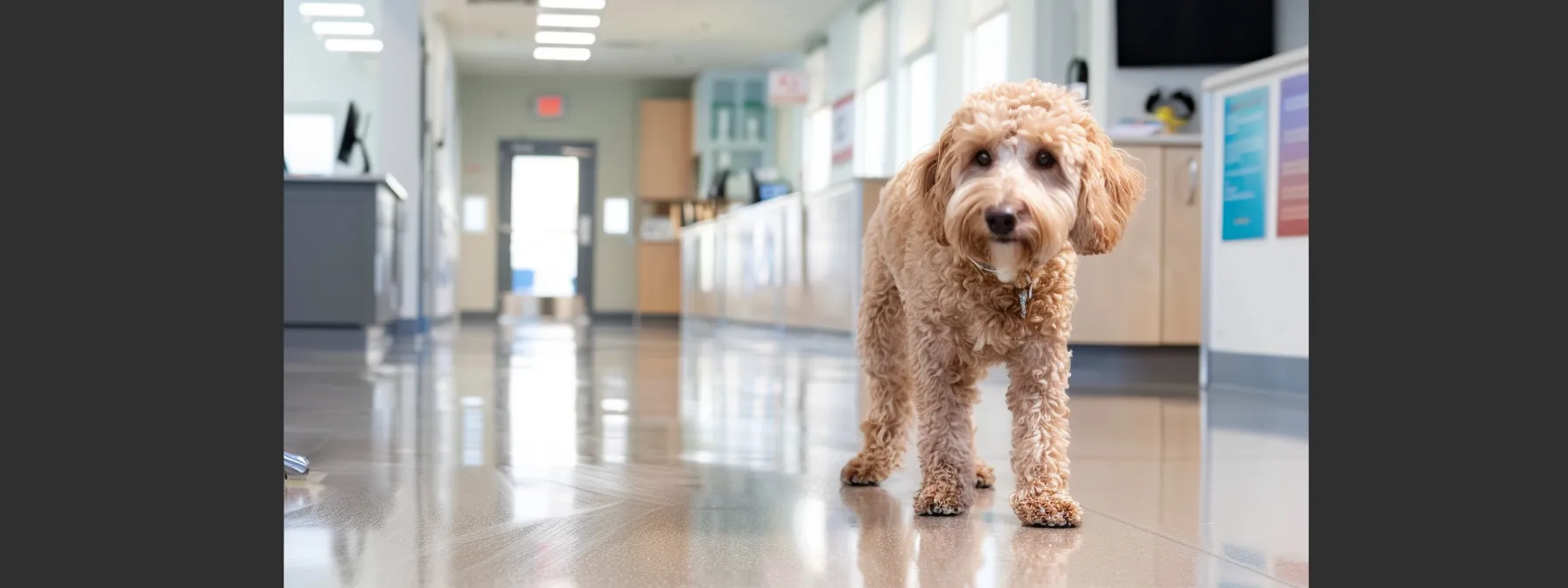 in a sleek, modern veterinary office, a golden doodle stands attentively on a polished floor, surrounded by informative brochures and digital displays about health screenings and preventative care, capturing the importance of health testing for breeders ensuring the well-being of their dogs.