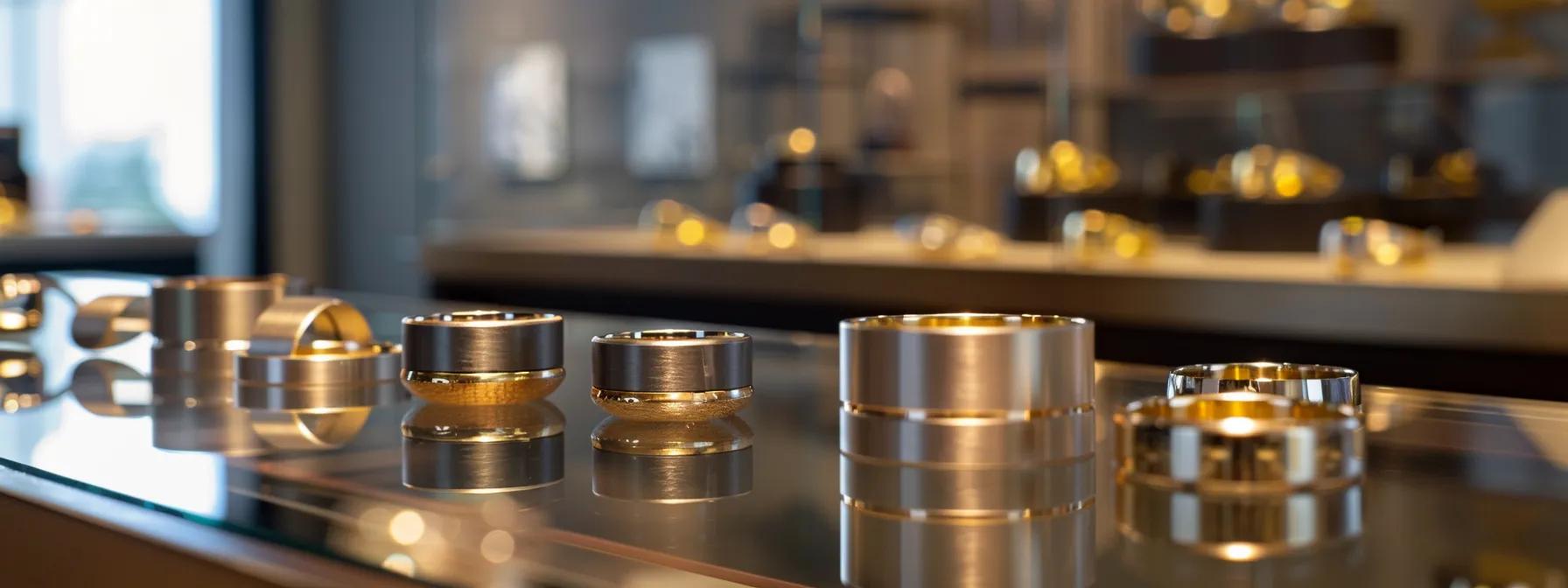 Wide band wedding rings for men in various styles and materials. Wide band wedding rings for men in various styles and materials.
