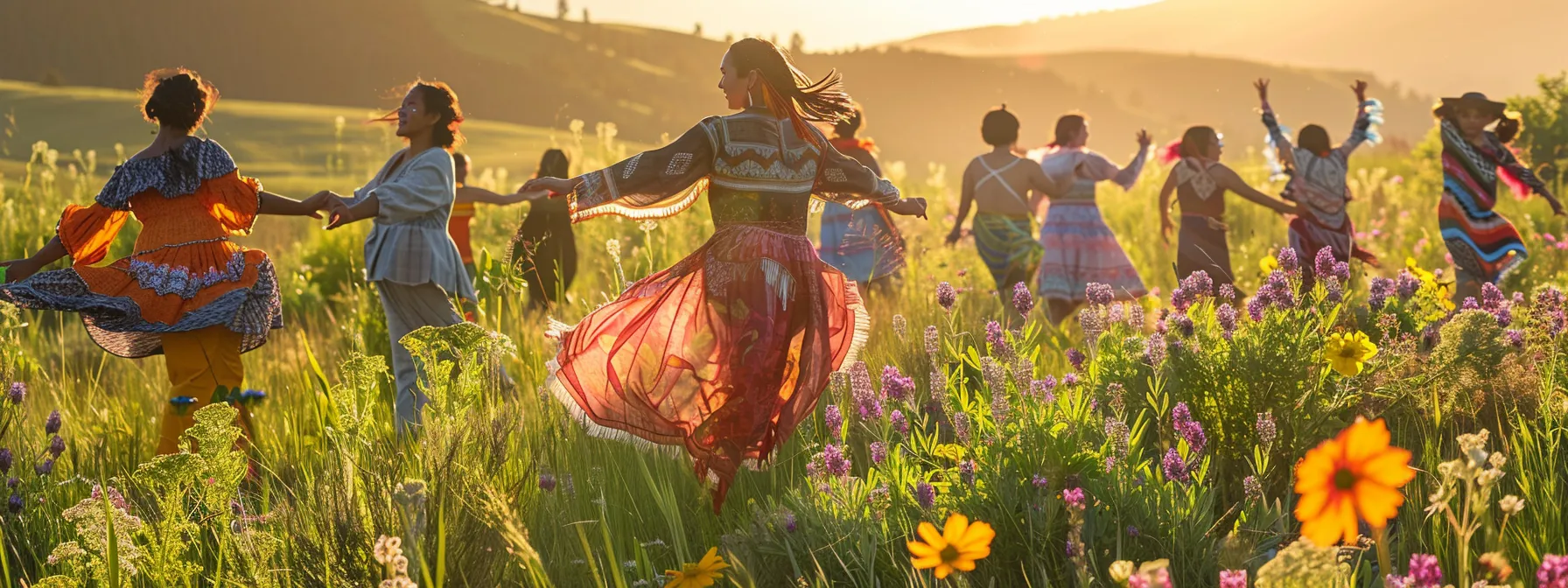 in a sun-drenched meadow, a diverse group of women joyfully dances among vibrant wildflowers, their flowing garments blending harmoniously with the colorful landscape, embodying unity and freedom. in a sun-drenched meadow, a diverse group of women joyfully dances among vibrant wildflowers, their flowing garments blending harmoniously with the colorful landscape, embodying unity and freedom.