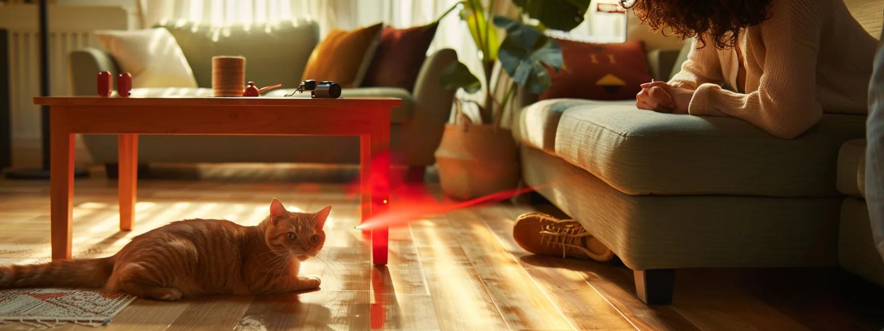 Cat playing with a laser toy, showcasing exercise, mental stimulation, and owner interaction. Cat playing with a laser toy, showcasing exercise, mental stimulation, and owner interaction.