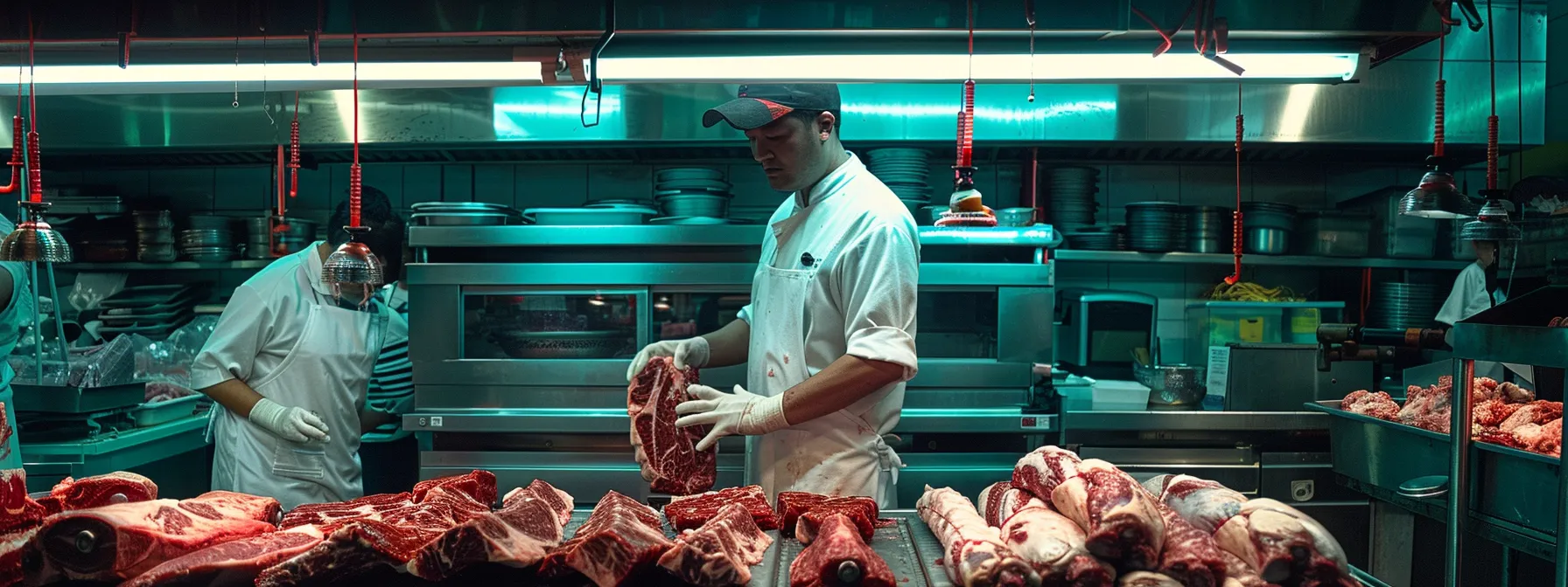 inside a bustling butcher shop, a skilled butcher meticulously weighs and processes half a beef, showcasing a diverse array of premium cuts and offal, surrounded by gleaming stainless steel equipment and vibrant displays of meat. inside a bustling butcher shop, a skilled butcher meticulously weighs and processes half a beef, showcasing a diverse array of premium cuts and offal, surrounded by gleaming stainless steel equipment and vibrant displays of meat.