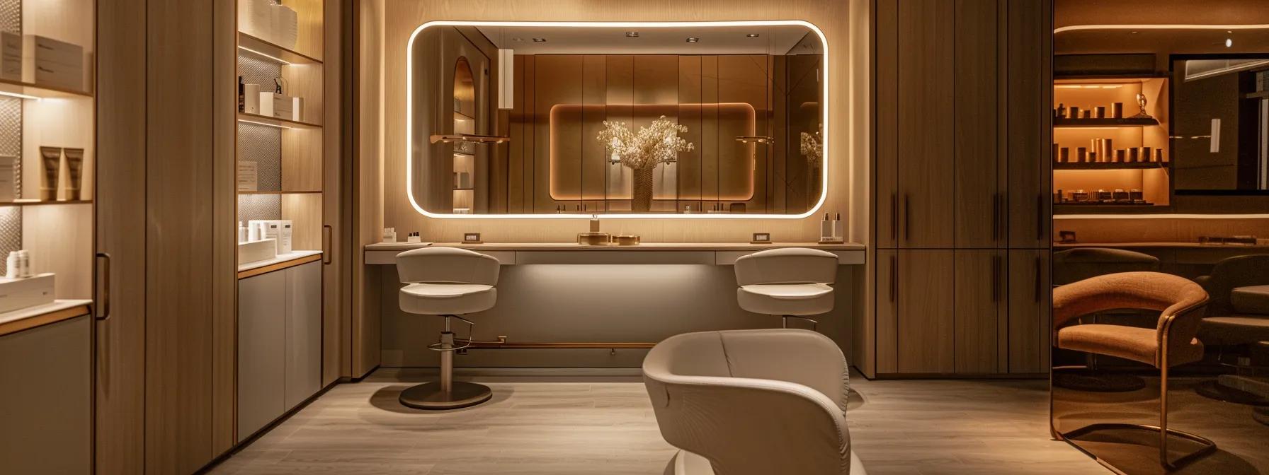 inside a modern, chic beauty salon on nassau street, a sleek eyebrow shaping station is illuminated by soft, warm lighting, showcasing an elegantly designed mirror and plush seating, creating an inviting atmosphere for clients seeking professional grooming services.
